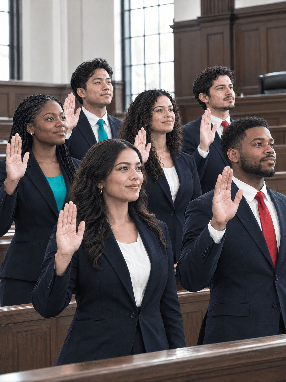 AI-generated concept: six young adults raise their right hands during an oath ceremony in a courthouse.